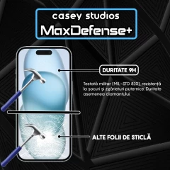 Folie Sticla CASEY STUDIOS pentru iPhone 15 Plus, MaxDefense+ Classic, Full Glue, Sticla Securizata, Duritate Militara, Ultra HD, Protectie Profesionala Ecran 3D, Anti Zgarieturi, Anti Socuri Transparent