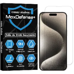 Folie Sticla CASEY STUDIOS pentru iPhone 15 Pro Max, MaxDefense+ Classic, Full Glue, Sticla Securizata, Duritate Militara, Ultra HD, Protectie Profesionala Ecran 2D, Anti Zgarieturi, Anti Socuri Transparent