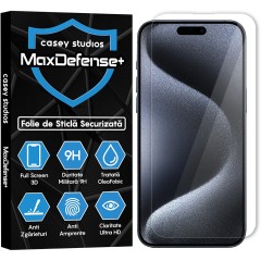 Folie Sticla CASEY STUDIOS pentru iPhone 15 Pro, MaxDefense+ Classic, Full Glue, Sticla Securizata, Duritate Militara, Ultra HD, Protectie Profesionala Ecran 2D, Anti Zgarieturi, Anti Socuri