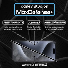 Folie Sticla CASEY STUDIOS pentru iPhone 15 Pro, MaxDefense+ Classic, Full Glue, Sticla Securizata, Duritate Militara, Ultra HD, Protectie Profesionala Ecran 2D, Anti Zgarieturi, Anti Socuri Transparent