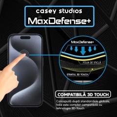 Folie Sticla CASEY STUDIOS pentru iPhone 15 Pro, MaxDefense+ Classic, Full Glue, Sticla Securizata, Duritate Militara, Ultra HD, Protectie Profesionala Ecran 2D, Anti Zgarieturi, Anti Socuri Transparent