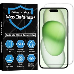 Folie Sticla CASEY STUDIOS pentru iPhone 15, MaxDefense+ Classic, Full Glue, Sticla Securizata, Duritate Militara, Ultra HD, Protectie Profesionala Ecran 3D, Anti Zgarieturi, Anti Socuri
