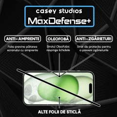 Folie Sticla CASEY STUDIOS pentru iPhone 15, MaxDefense+ Classic, Full Glue, Sticla Securizata, Duritate Militara, Ultra HD, Protectie Profesionala Ecran 3D, Anti Zgarieturi, Anti Socuri Transparent