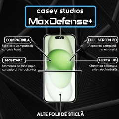Folie Sticla CASEY STUDIOS pentru iPhone 15, MaxDefense+ Classic, Full Glue, Sticla Securizata, Duritate Militara, Ultra HD, Protectie Profesionala Ecran 3D, Anti Zgarieturi, Anti Socuri Transparent
