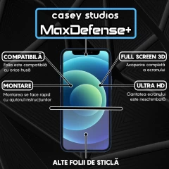 Folie Sticla CASEY STUDIOS pentru iPhone 12 Mini, MaxDefense+ Classic, Full Glue, Sticla Securizata, Duritate Militara, Ultra HD, Protectie Profesionala Ecran 3D, Anti Zgarieturi, Anti Socuri Transparent