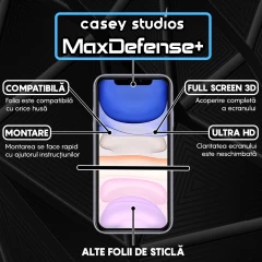 Folie Sticla CASEY STUDIOS pentru iPhone 11 Pro Max, MaxDefense+ Classic, Full Glue, Sticla Securizata, Duritate Militara, Ultra HD, Protectie Profesionala Ecran 3D, Anti Zgarieturi, Anti Socuri Transparent