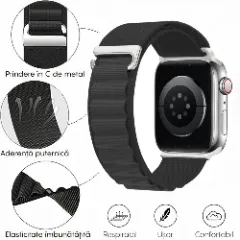 Curea Nailon Alpine Loop compatibila cu Apple Watch Ultra 2/Ultra/SE/9/8/7/6/5/4/3/2/1 - 42/44/45/49MM CASEY STUDIOS, Ajustabila, Respirabila Negru