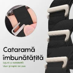 Curea Nailon Alpine Loop compatibila cu Apple Watch Ultra 2/Ultra/SE/9/8/7/6/5/4/3/2/1 - 42/44/45/49MM CASEY STUDIOS, Ajustabila, Respirabila Negru
