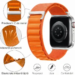 Curea Nailon Alpine Loop compatibila cu Apple Watch Ultra 2/Ultra/SE/9/8/7/6/5/4/3/2/1 - 42/44/45/49MM CASEY STUDIOS, Ajustabila, Respirabila Portocaliu