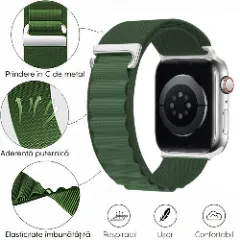 Curea Nailon Alpine Loop compatibila cu Apple Watch Ultra 2/Ultra/SE/9/8/7/6/5/4/3/2/1 - 42/44/45/49MM CASEY STUDIOS, Ajustabila, Respirabila Verde Inchis