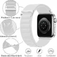 Curea Nailon Alpine Loop compatibila cu Apple Watch Ultra 2/Ultra/SE/9/8/7/6/5/4/3/2/1 - 38/40/41MM CASEY STUDIOS, Ajustabila, Respirabila Alb