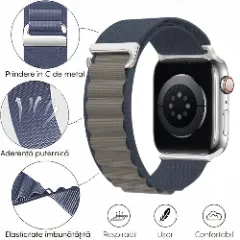 Curea Nailon Alpine Loop compatibila cu Apple Watch Ultra 2/Ultra/SE/9/8/7/6/5/4/3/2/1 - 38/40/41MM CASEY STUDIOS, Ajustabila, Respirabila Albastru