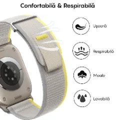 Curea Nailon Trail compatibila cu Apple Watch SE/9/8/7/6/5/4/3/2/1 - 38/40/41MM CASEY STUDIOS, Ajustabila, Respirabila, Material Textil Casey Gri Deschis