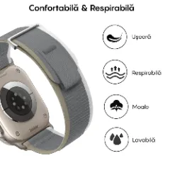 Curea Nailon Trail compatibila cu Apple Watch SE/9/8/7/6/5/4/3/2/1 - 38/40/41MM CASEY STUDIOS, Ajustabila, Respirabila, Material Textil Casey Gri