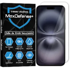 Folie Sticla CASEY STUDIOS pentru iPhone 16 Plus, MaxDefense+ Classic, Full Glue, Sticla Securizata, Duritate Militara, Ultra HD, Protectie Profesionala Ecran 3D, Anti Zgarieturi, Anti Socuri