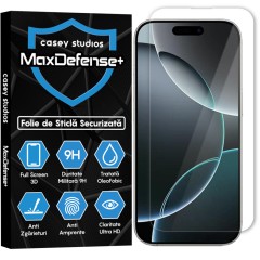 Folie Sticla CASEY STUDIOS pentru iPhone 16 Pro, MaxDefense+ Classic, Full Glue, Sticla Securizata, Duritate Militara, Ultra HD, Protectie Profesionala Ecran 2D, Anti Zgarieturi, Anti Socuri