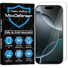 Folie Sticla CASEY STUDIOS pentru iPhone 16 Pro, MaxDefense+ Classic, Full Glue, Sticla Securizata, Duritate Militara, Ultra HD, Protectie Profesionala Ecran 2D, Anti Zgarieturi, Anti Socuri