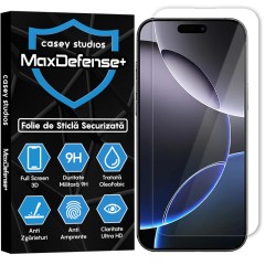 Folie Sticla CASEY STUDIOS pentru iPhone 16 Pro Max, MaxDefense+ Classic, Full Glue, Sticla Securizata, Duritate Militara, Ultra HD, Protectie Profesionala Ecran 2D, Anti Zgarieturi, Anti Socuri