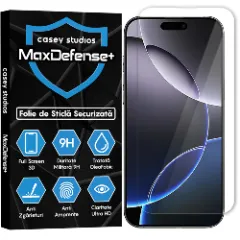 Folie Sticla CASEY STUDIOS pentru iPhone 16 Pro Max, MaxDefense+ Classic, Full Glue, Sticla Securizata, Duritate Militara, Ultra HD, Protectie Profesionala Ecran 2D, Anti Zgarieturi, Anti Socuri