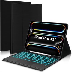Husa cu Tastatura Iluminata si TouchPad compatibila cu Apple iPad Pro 11 2024, CASEY STUDIOS, Tastatura Iluminata RGB in 7 Culori, Wireless, Bluetooth 5.3, Unghiuri Ajustabile, Port USB-C, Cablu Type-C, Suport Stylus Pen, Negru