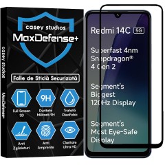 Folie Sticla CASEY STUDIOS pentru Xiaomi Redmi 14C 5G, Full Glue, Sticla Securizata, Duritate Militara, Ultra HD, Protectie Profesionala Ecran 3D, Anti Zgarieturi, Anti Socuri