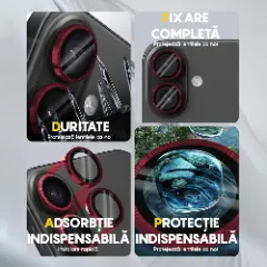 Folie Protectie Lentile Camera pentru Apple iPhone 16 / Apple iPhone 16 Plus, CASEY STUDIOS™ MaxDefense+, Ultra HD, Protectie Profesionala Camere 3D, Anti Amprente, Anti Zgarieturi, Anti Socuri Rosu