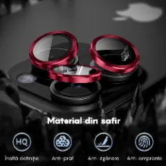 Folie Protectie Lentile Camera pentru Apple iPhone 16 Pro / Apple iPhone 16 Pro Max, CASEY STUDIOS™ MaxDefense+, Ultra HD, Protectie Profesionala Camere 3D, Anti Amprente, Anti Zgarieturi, Anti Socuri Rosu