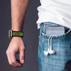 Curea Apple Watch 1/2/3/4/5/6/7/8/SE/Ultra - 42/44/45/49 MM Silicone Sport Loop Casey Studios, din Silicon, cu Perforatii Casey Studios - Black / Green Black / Green