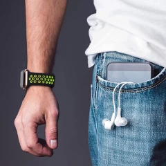 Curea Apple Watch 1/2/3/4/5/6/7/8/SE - 38/40/41 MM Silicone Sport Loop Casey Studios, din Silicon, cu Perforatii Casey Studios - Black / Green Black / Green